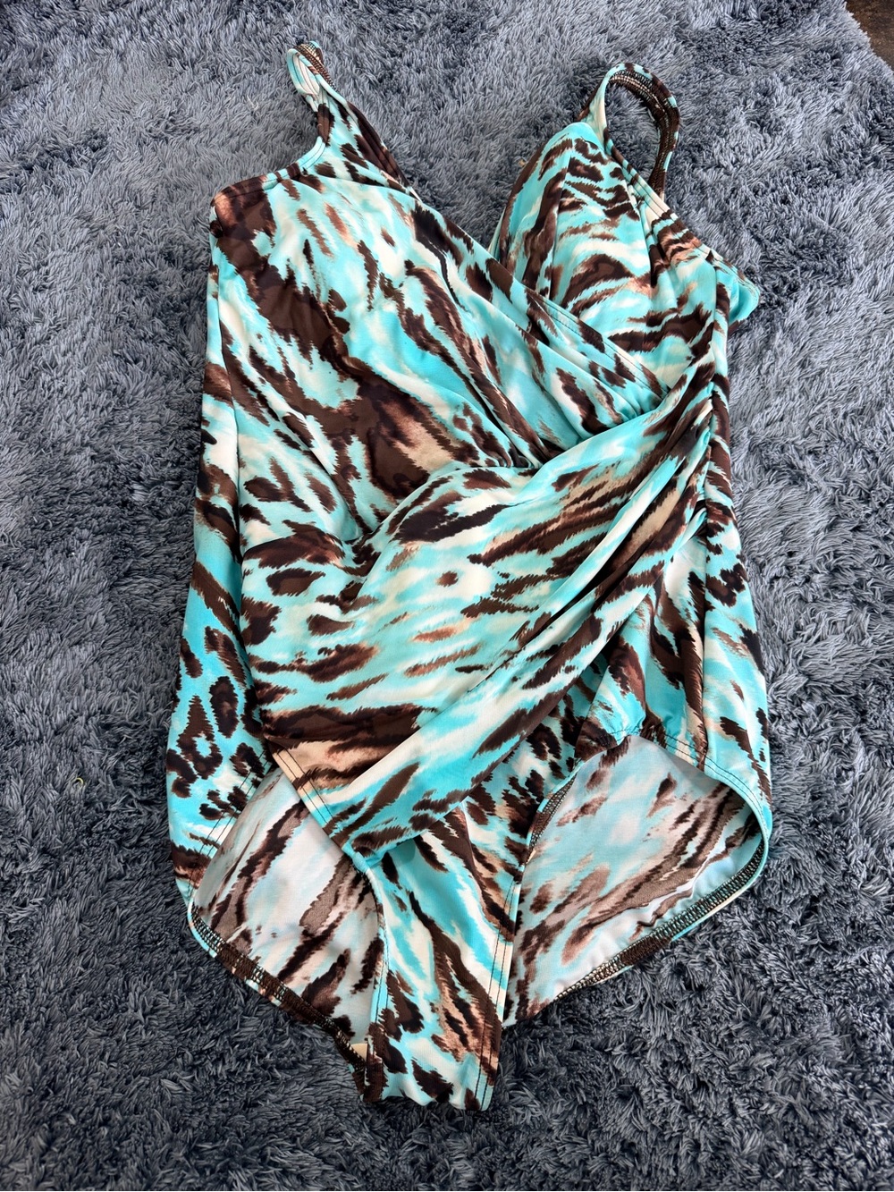 Turquoise and Brown Animal-Print Women’s Wrap-Front Swimsuit